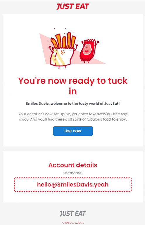 Onboarding email example from Just Eat Onboarding email example from Just Eat