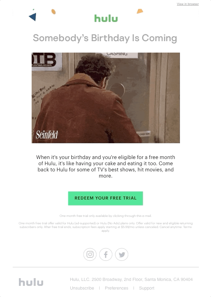 Birthday email example from Hulu Birthday email example from Hulu