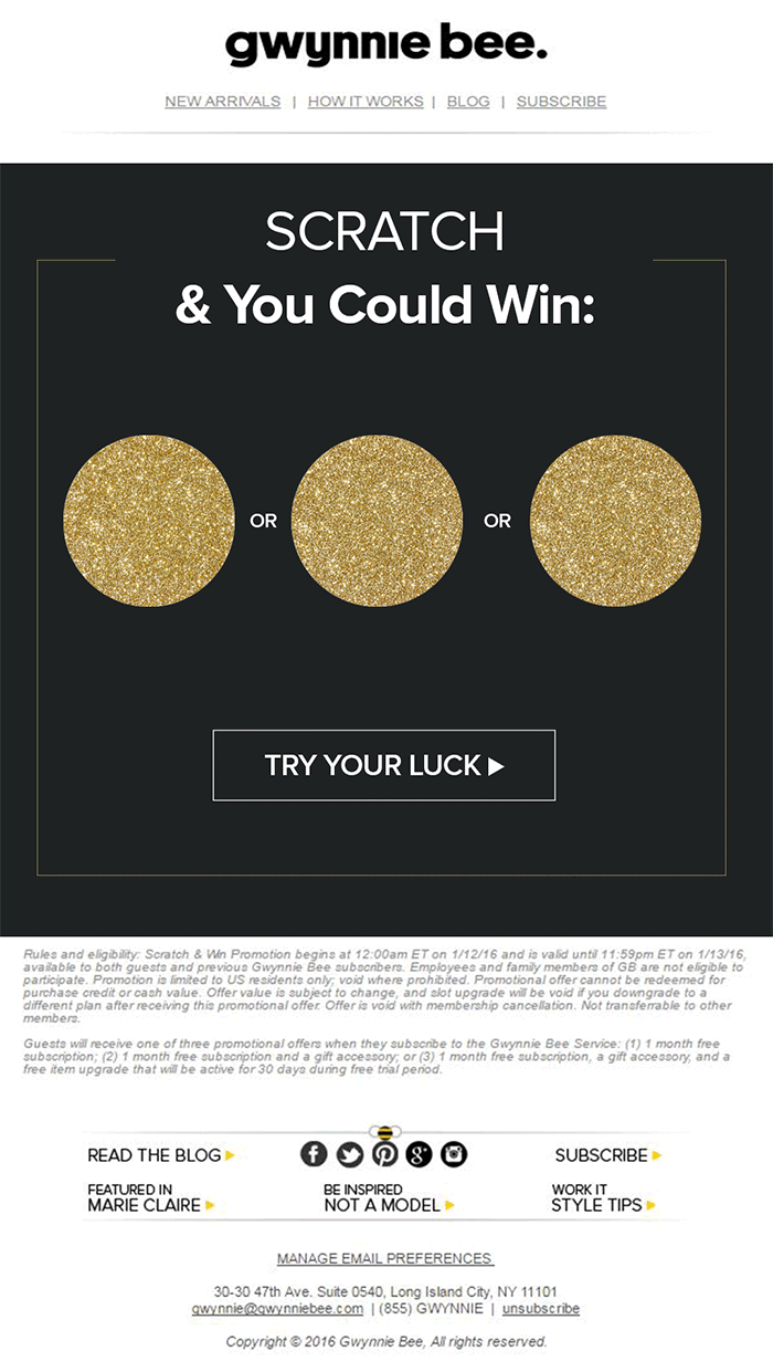 Scratch to win email example from Gwynnie Bee.