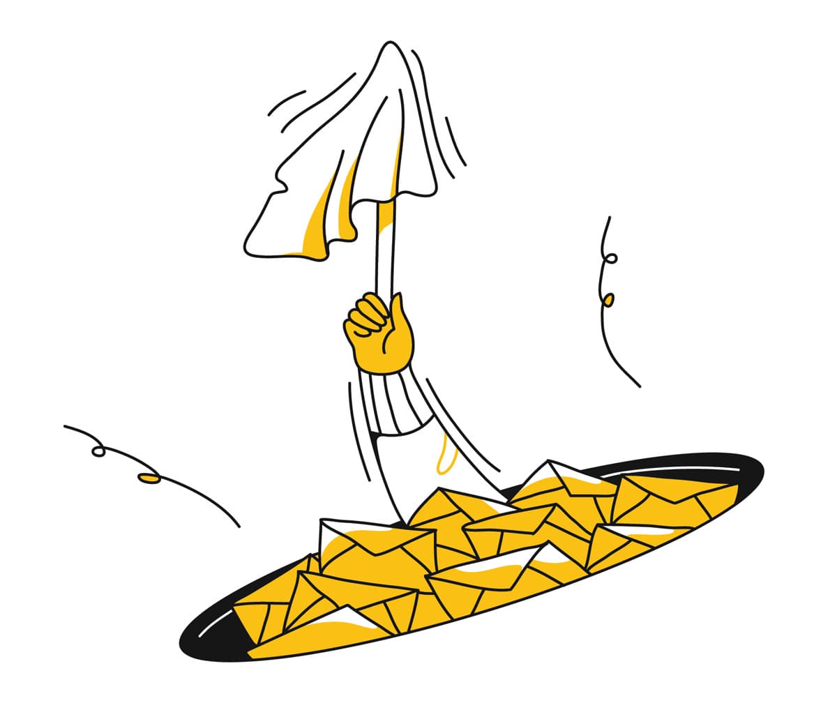 A woman holds up a white flag with her arm poking out of a pile of unopened mail. A woman holds up a white flag with her arm poking out of a pile of unopened mail.