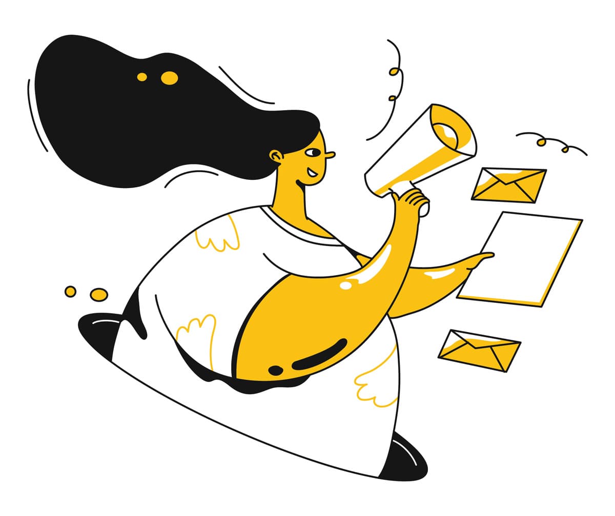 A woman with long flowing hair uses a bullhorn to spread the word about her emails. A woman with long flowing hair uses a bullhorn to spread the word about her emails.