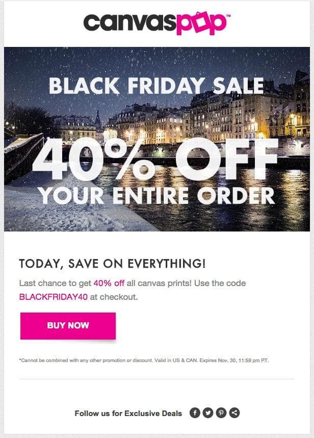 Example of promotional email from Canvaspop. Example of promotional email from Canvaspop.