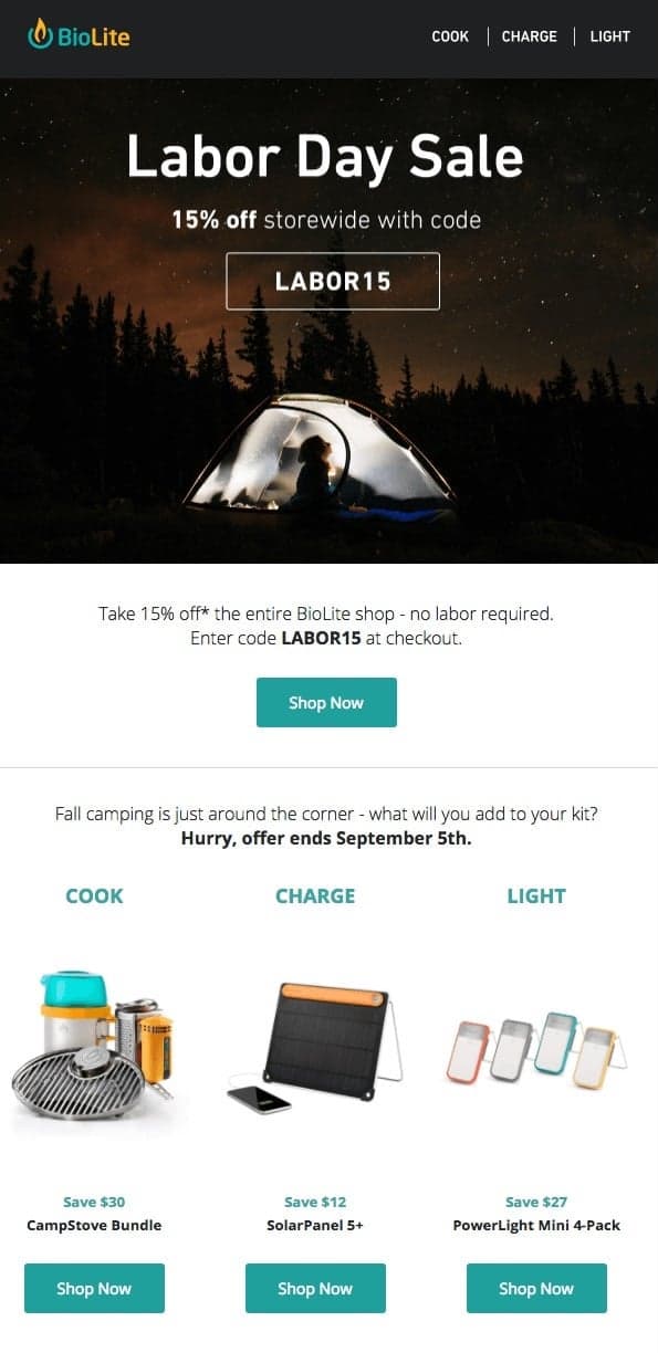 Labor Day email example from BioLite Labor Day email example from BioLite