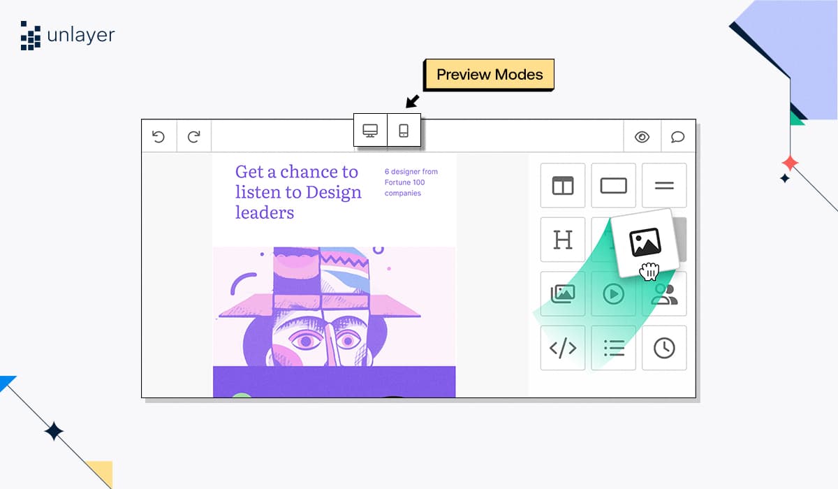 Unlayer editor’s live preview mode feature.