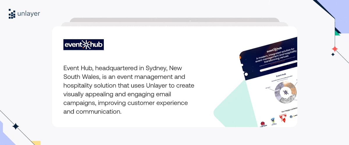Event Hub uses Unlayer to design engaging email campaigns. Event Hub uses Unlayer to design engaging email campaigns.