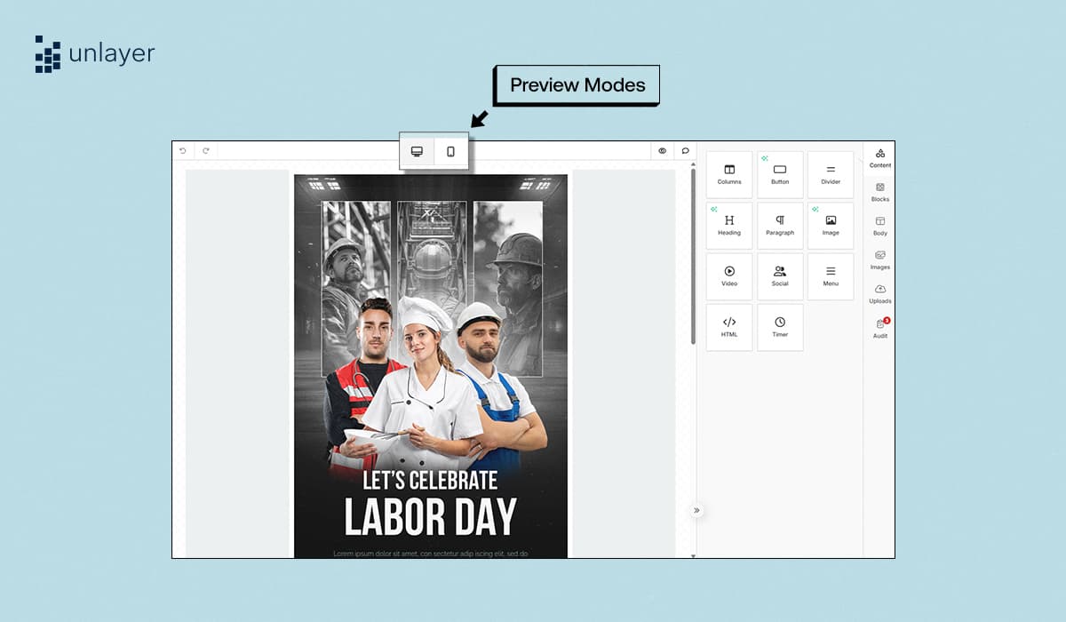 Live preview mode of Unlayer SDK.