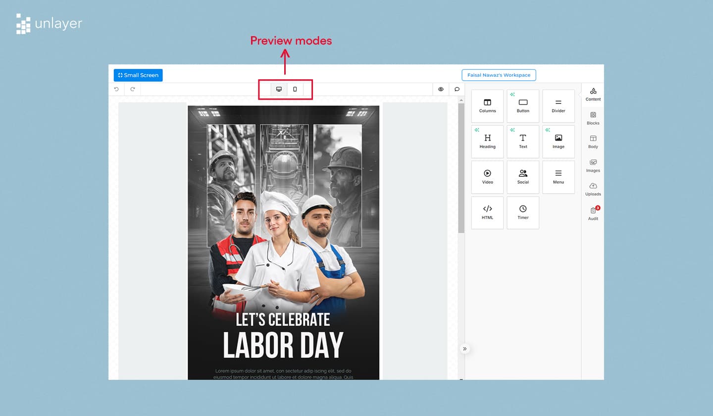 Preview modes option in Unlayer’s editor.