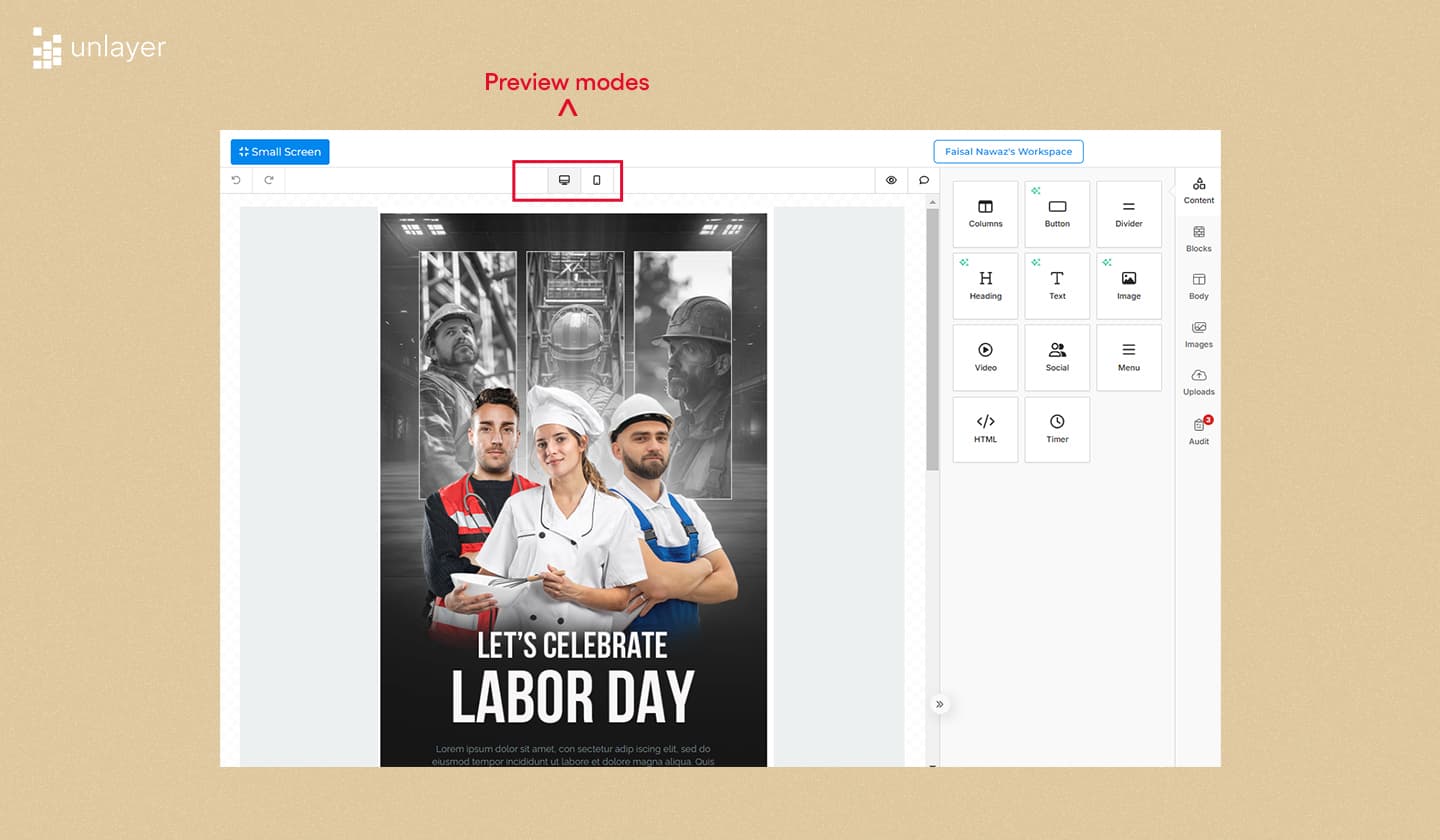 Built-in preview modes in Unlayer’s email editor.