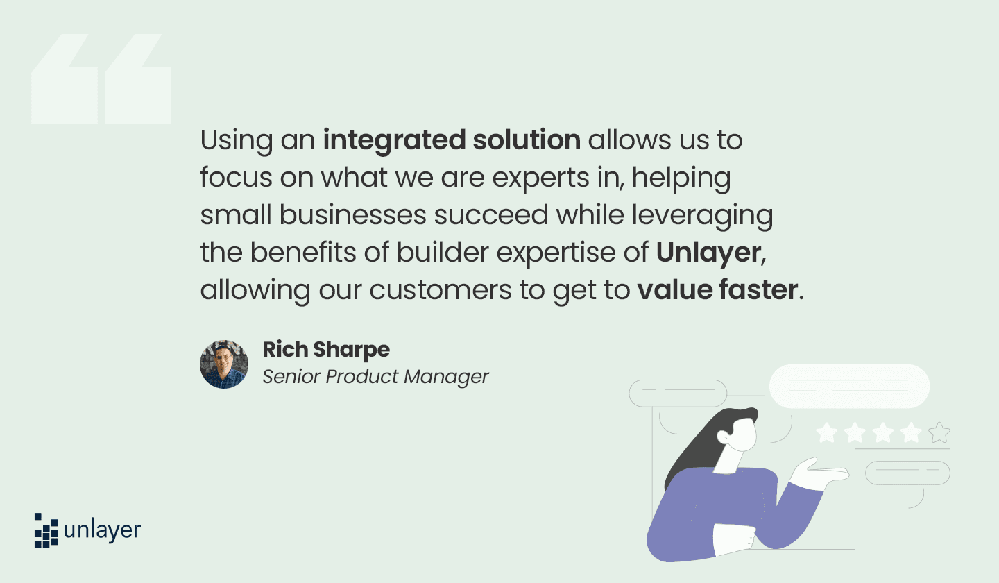 Testimonial by Rich Sharpe praising Unlayer’s no-code builder.