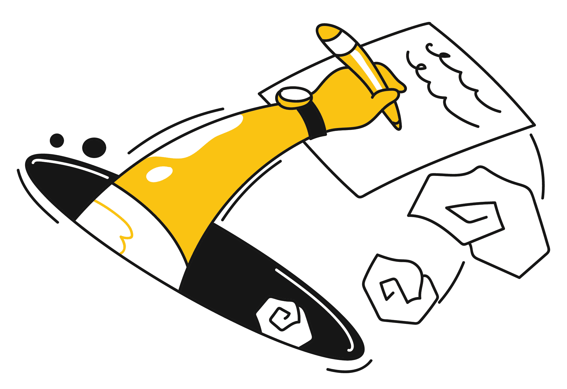 A hand reaches towards a piece of paper and writes out sentences as crumpled papers fade away. A hand reaches towards a piece of paper and writes out sentences as crumpled papers fade away.