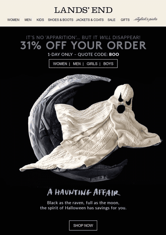 Halloween email example from Land's End Halloween email example from Land's End