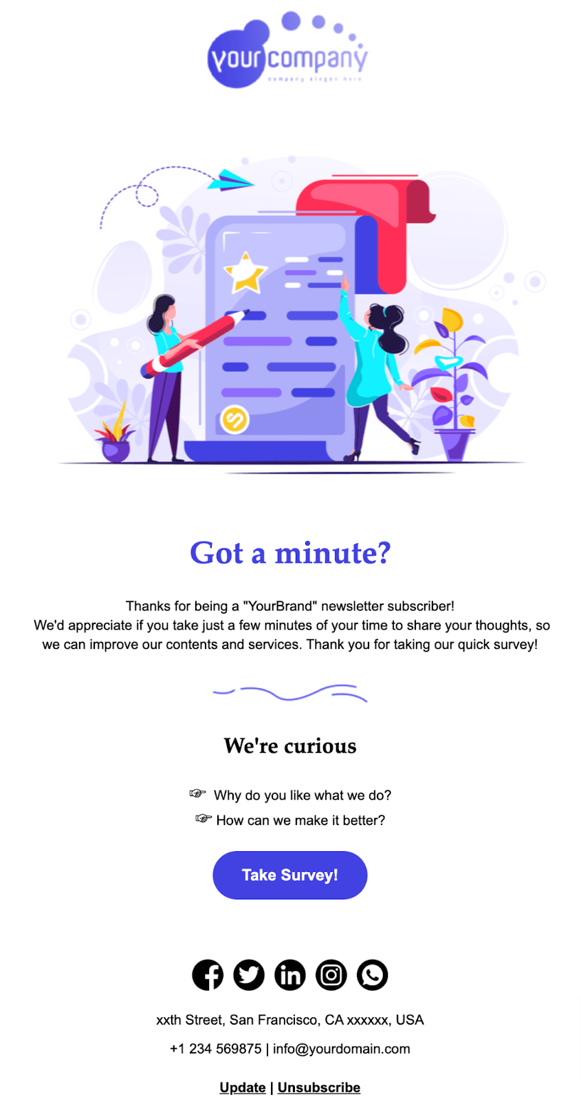 Free survey email template from Unlayer asking readers if they’ve got a minute Free survey email template from Unlayer asking readers if they’ve got a minute