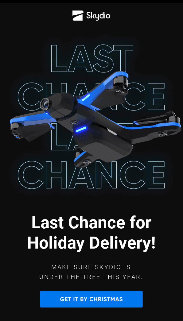 Example of a last chance email by Skydio, talking about last chance for holiday delivery Example of a last chance email by Skydio, talking about last chance for holiday delivery