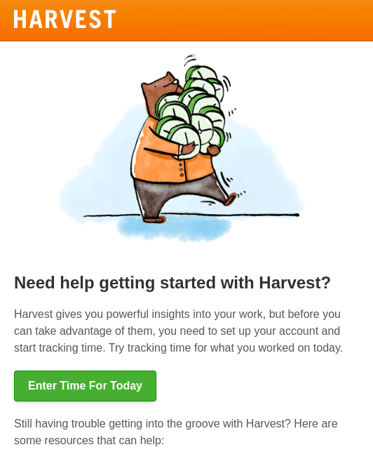 Example of a well-personalized email from Harvest Example of a well-personalized email from Harvest