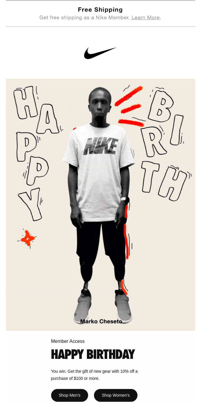 Birthday email example from Nike Birthday email example from Nike