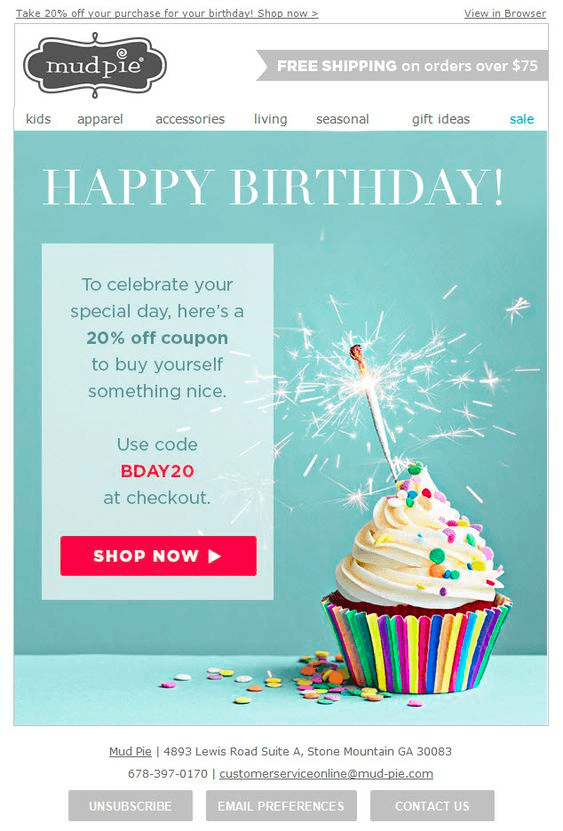 Birthday email example from Mud Pie Birthday email example from Mud Pie