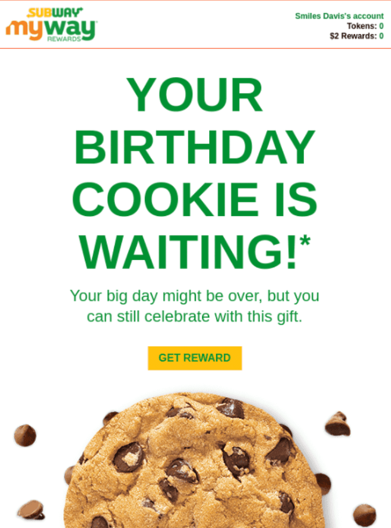 Birthday email example from Subway Birthday email example from Subway