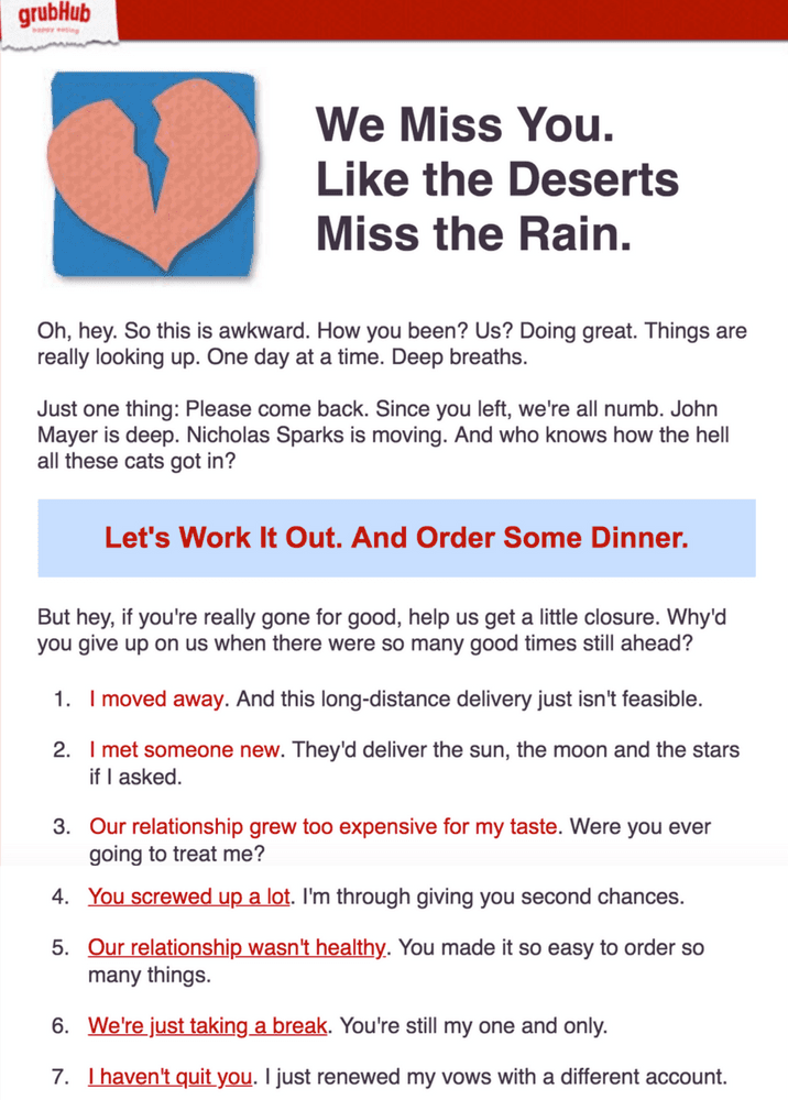 A email from Grubhub that asks customers for their feedback A email from Grubhub that asks customers for their feedback