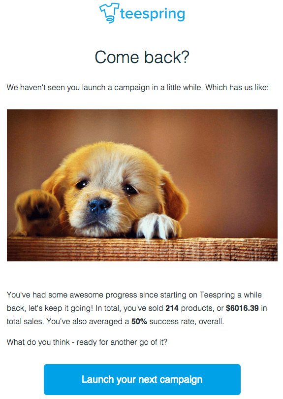 A re-engagement email from Teespring that triggers subscribers' emotions A re-engagement email from Teespring that triggers subscribers' emotions