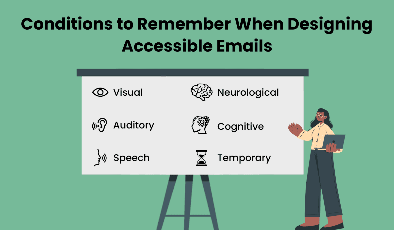 Various disabilities and impairments to keep in mind when designing accessible emails Various disabilities and impairments to keep in mind when designing accessible emails