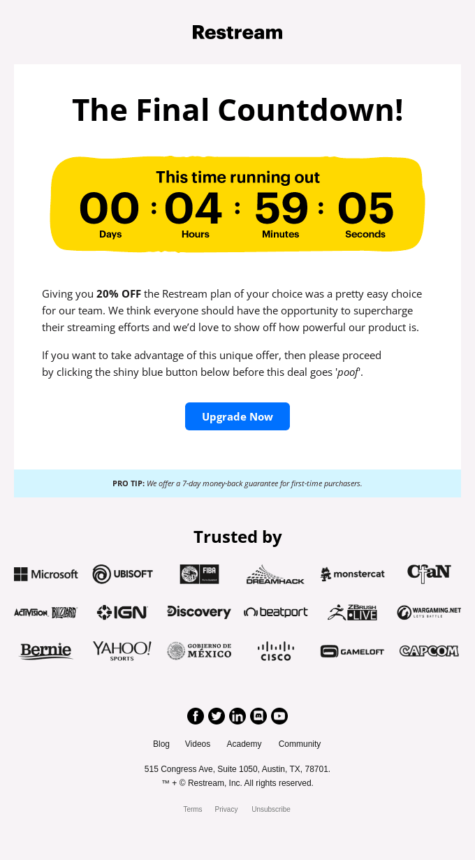 Email example from Restream showing a countdown timer Email example from Restream showing a countdown timer