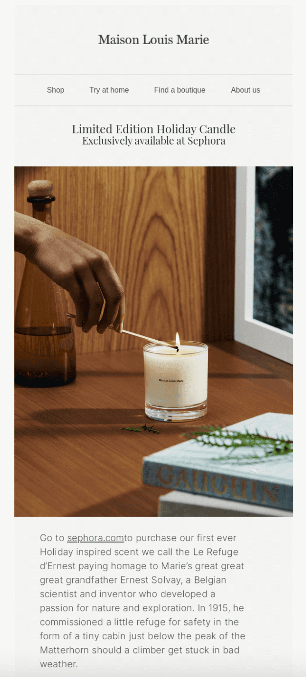 Email example from Maison Louis Marie promoting a limited-time candle Email example from Maison Louis Marie promoting a limited-time candle