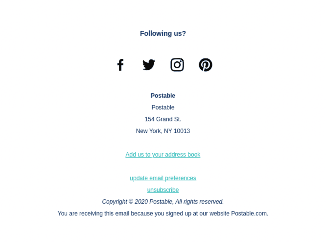 Email footer example from Postable Email footer example from Postable