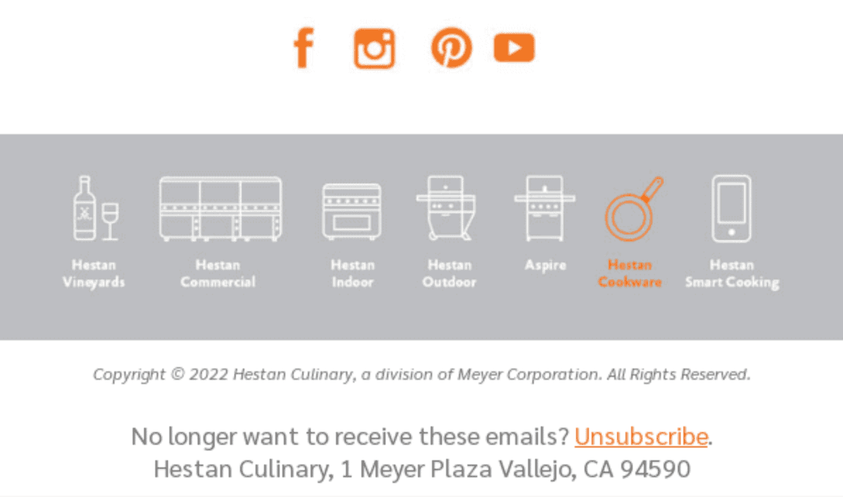 Email footer example from Hestan Culinary Email footer example from Hestan Culinary