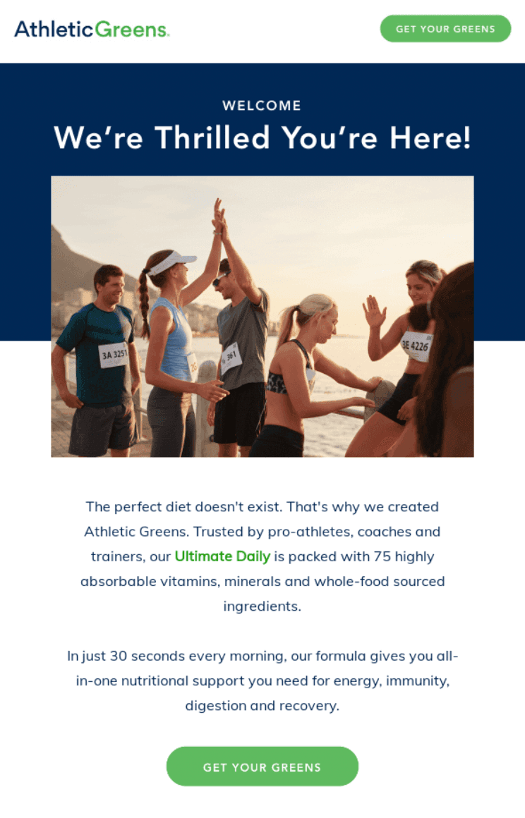 Welcome email example from Athletic Greens. Welcome email example from Athletic Greens.