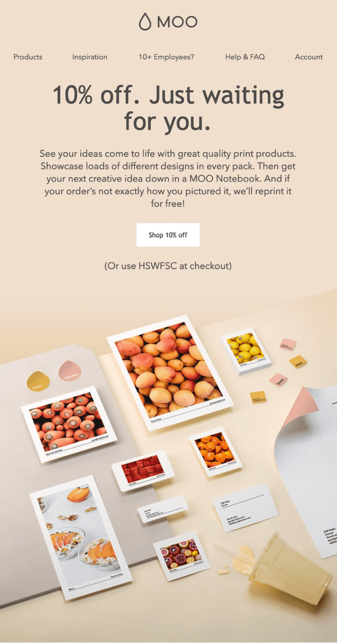 Promotional email example from MOO. Promotional email example from MOO.