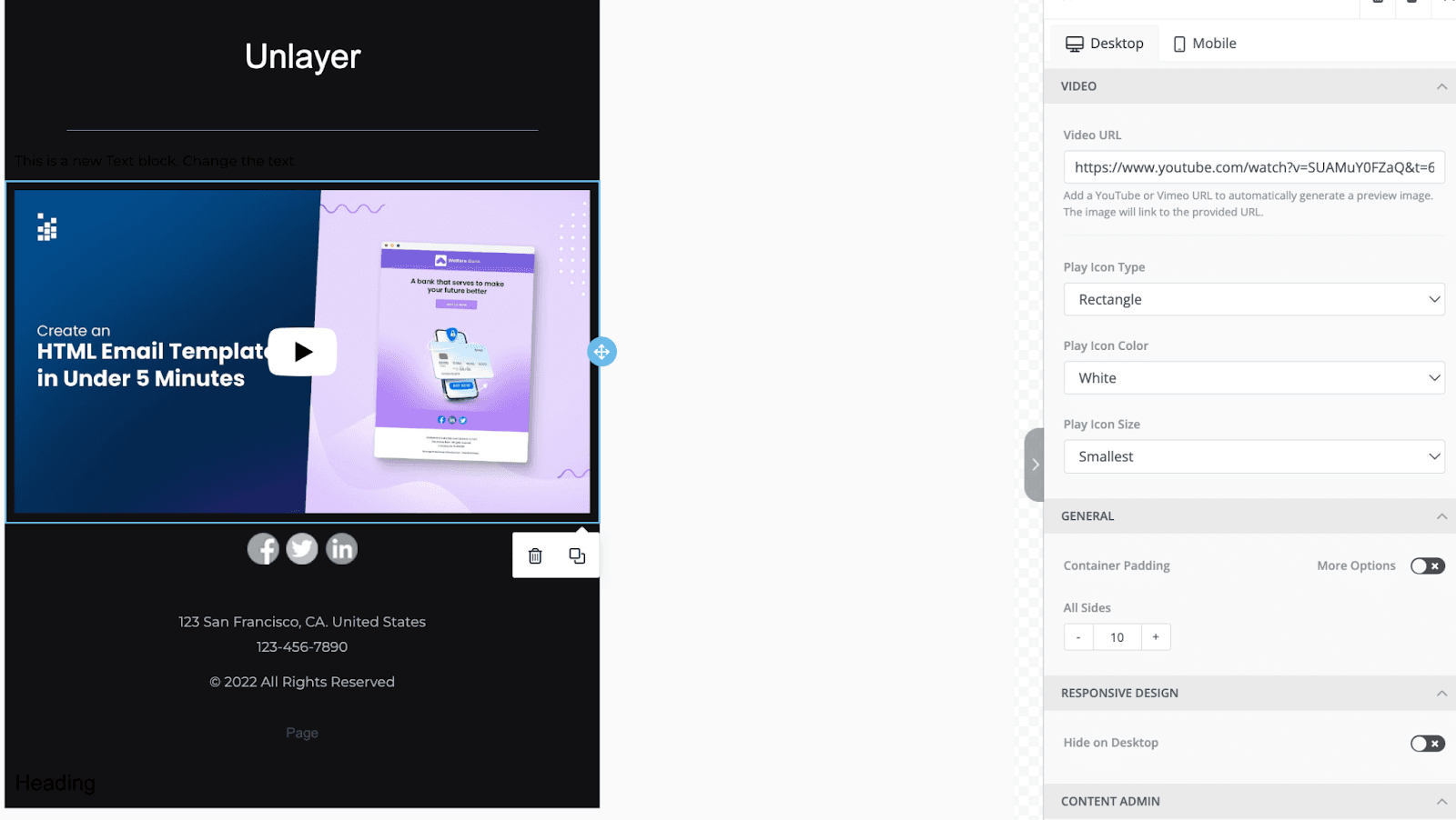 Video embedded in an email template using Unlayer. Video embedded in an email template using Unlayer.