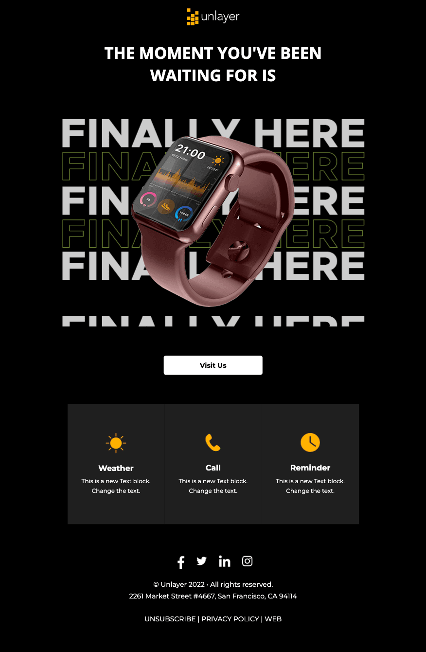 Product launch email template by Unlayer. Product launch email template by Unlayer. 