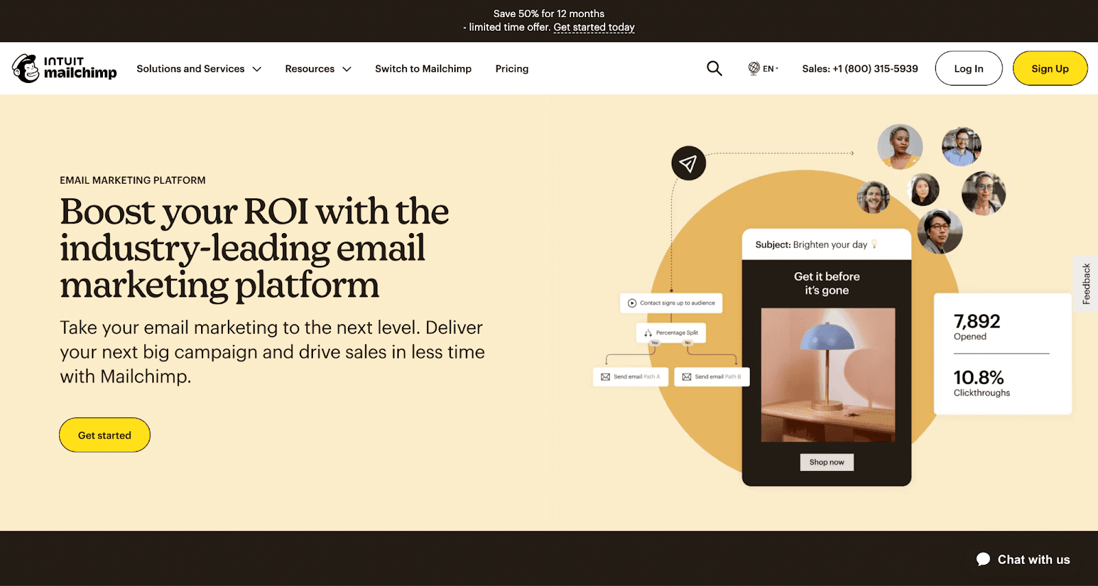 Mailchimp’s email marketing homepage. Mailchimp’s email marketing homepage.
