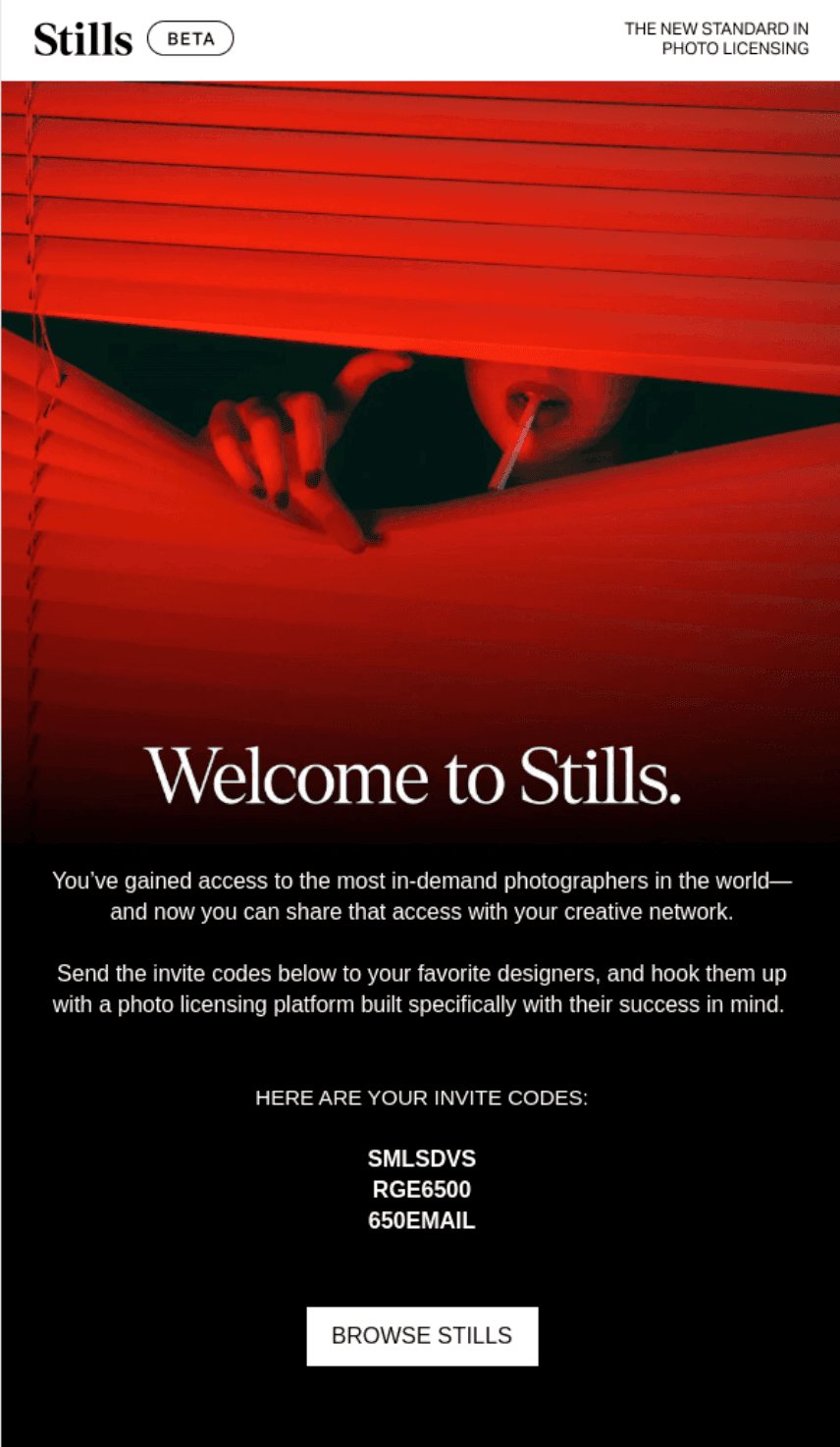 Example of a welcome email by Stills Example of a welcome email by Stills