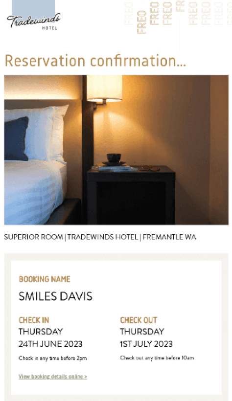 Example of a confirmation email by Tradewinds Hotel Example of a confirmation email by Tradewinds Hotel