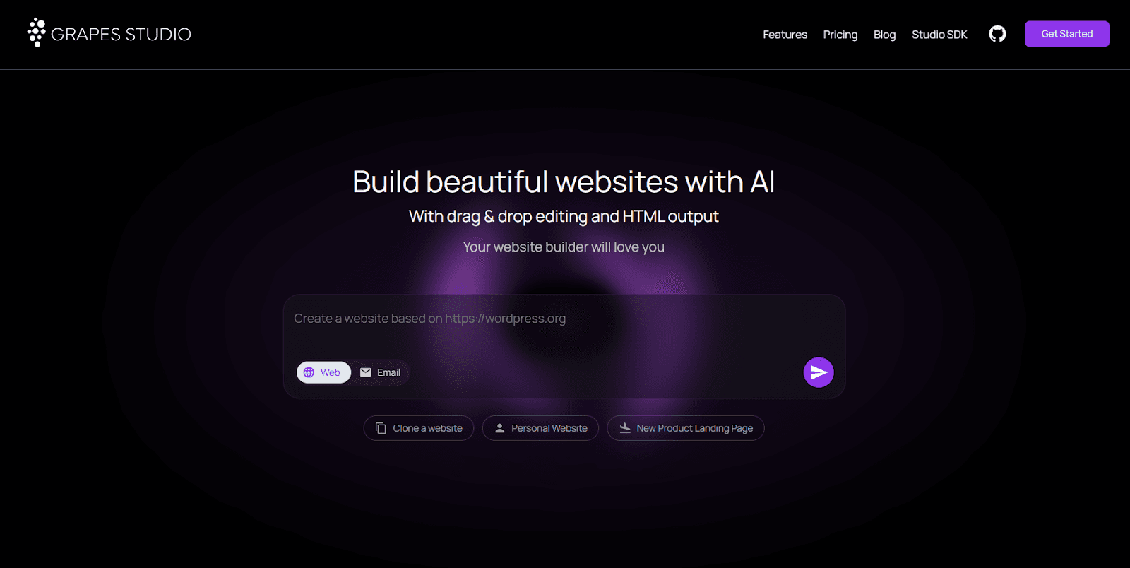 GrapesJS visual builder with block-based editor, extensible APIs, and open-source framework support.