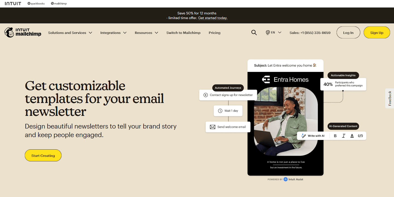 Mailchimp email editor with drag-and-drop content blocks, audience personalization, and in-platform email automation.