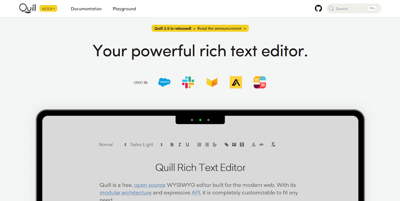 QuillJS’ homepage with a WYSIWYG rich text editor a modular architecture and an API QuillJS’ homepage with a WYSIWYG rich text editor a modular architecture and an API