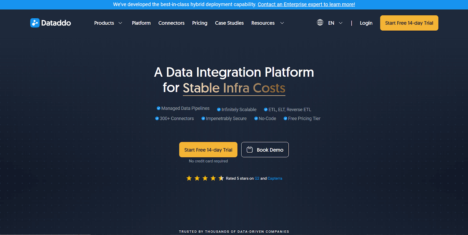 Landing page design example from Dataddo