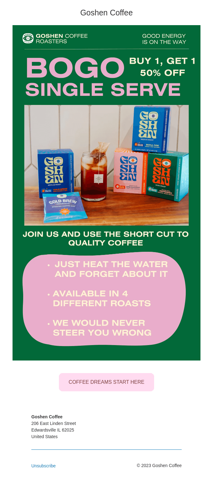 Well-designed email example from Goshen Coffee.