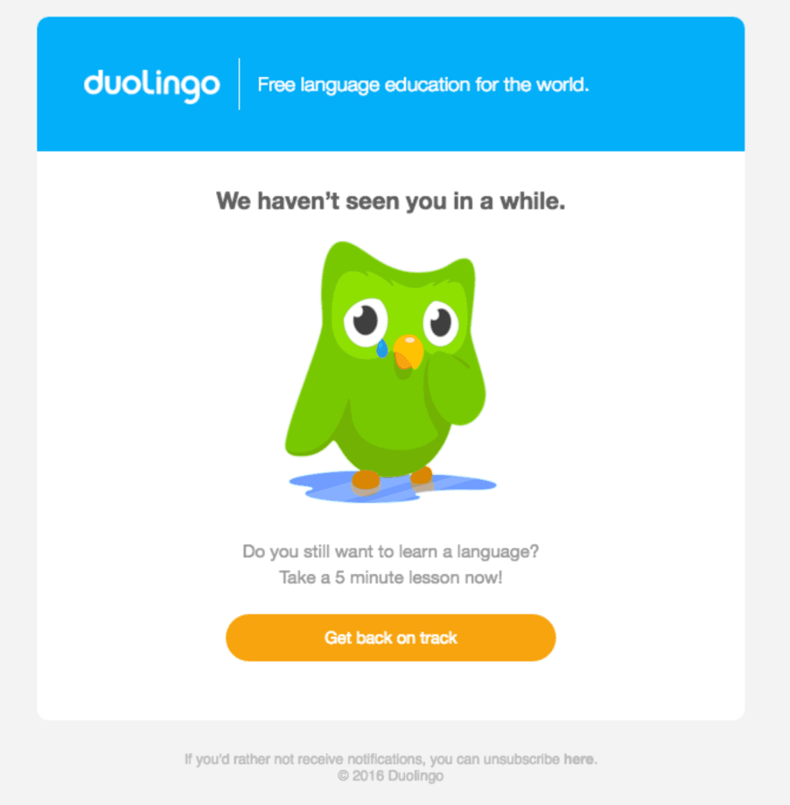“We miss you” email example from Duolingo. “We miss you” email example from Duolingo.