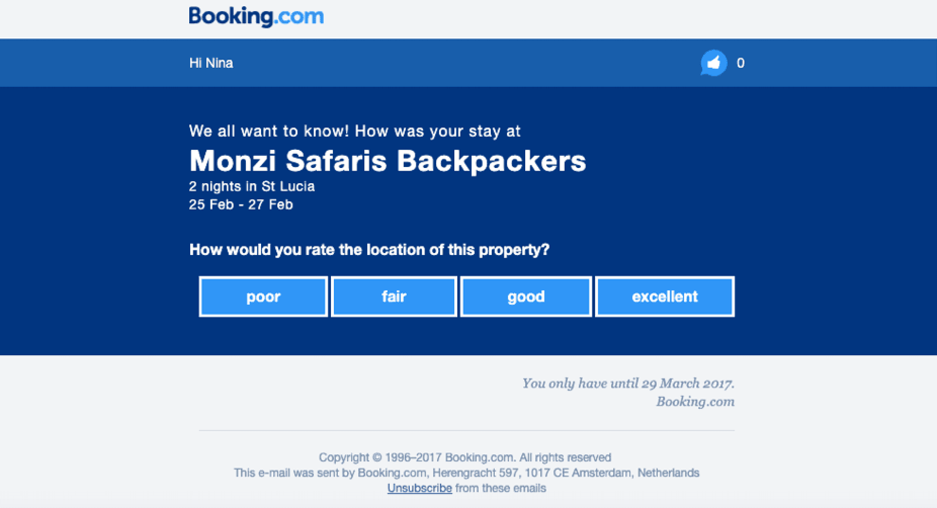 Review email example from Booking.com