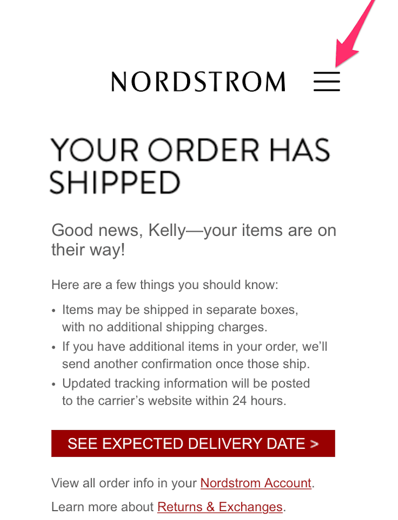 Email example featuring menus from Nordstorm. Email example featuring menus from Nordstorm.