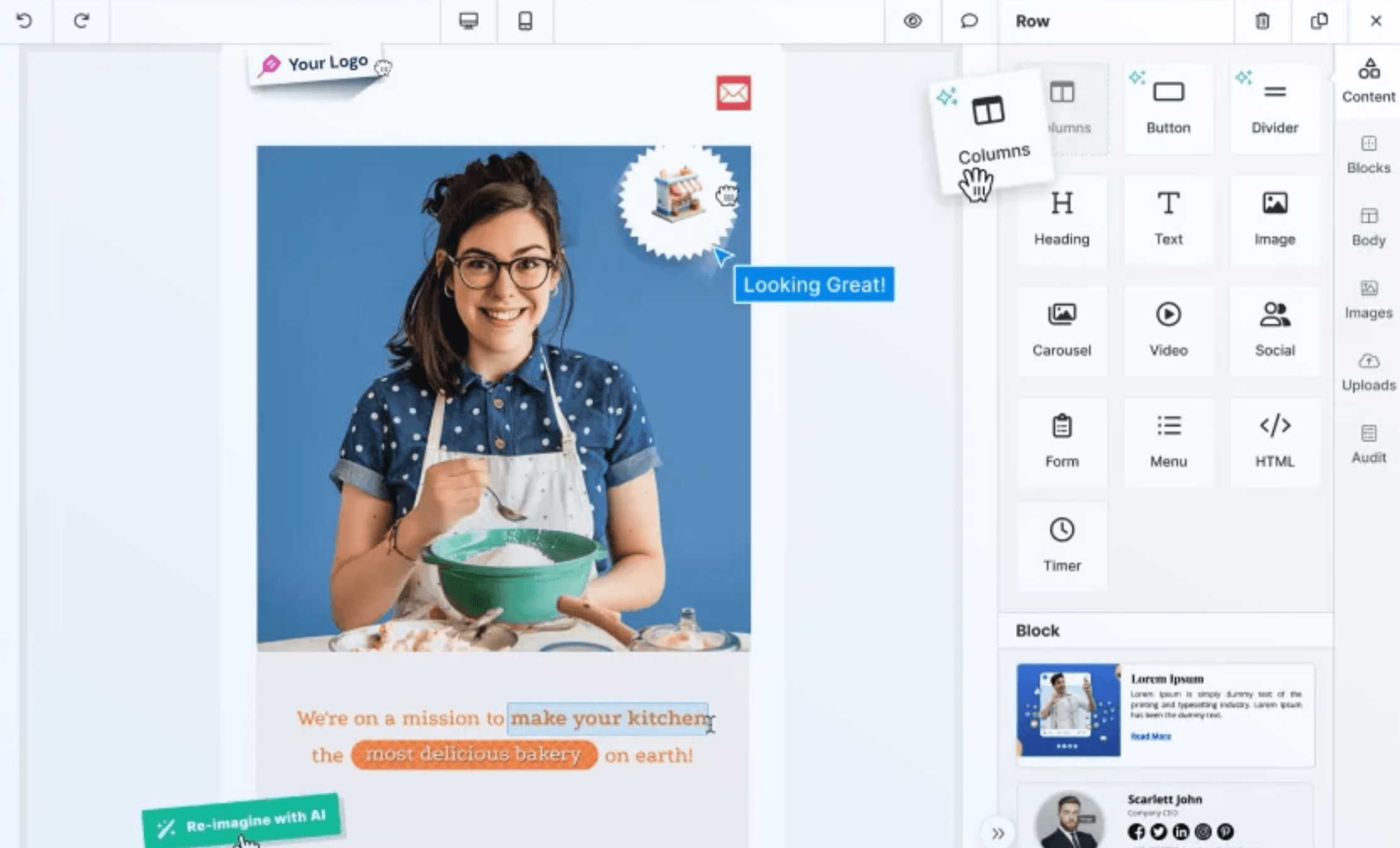 Unlayer’s intuitive drag and drop interface.