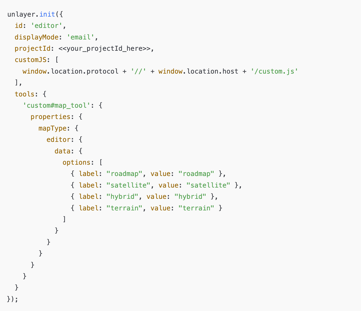 Unlayer init code to initialize the custom tool.