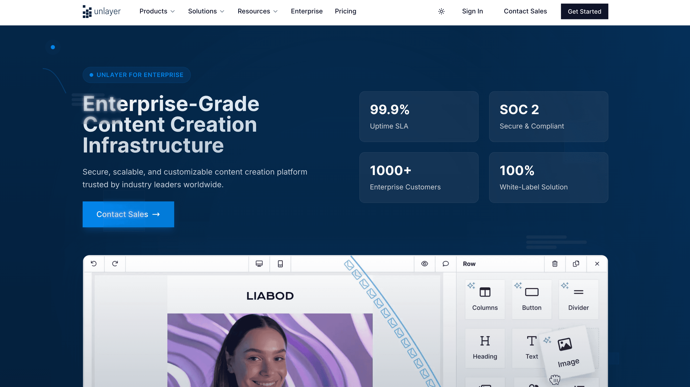 Unlayer Enterprise landing page.