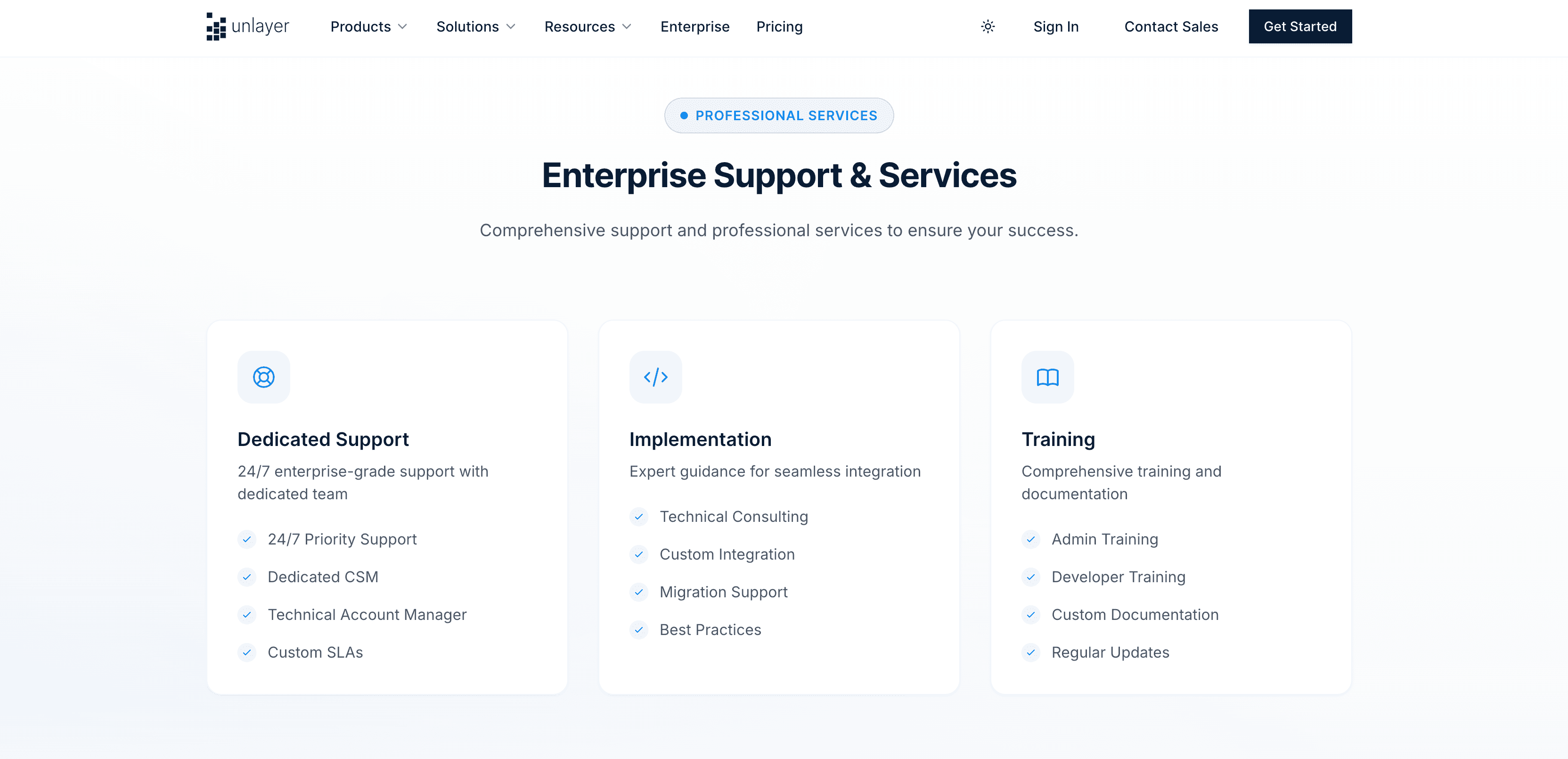 Unlayer’s enterprise page showcasing its enterprise support & services