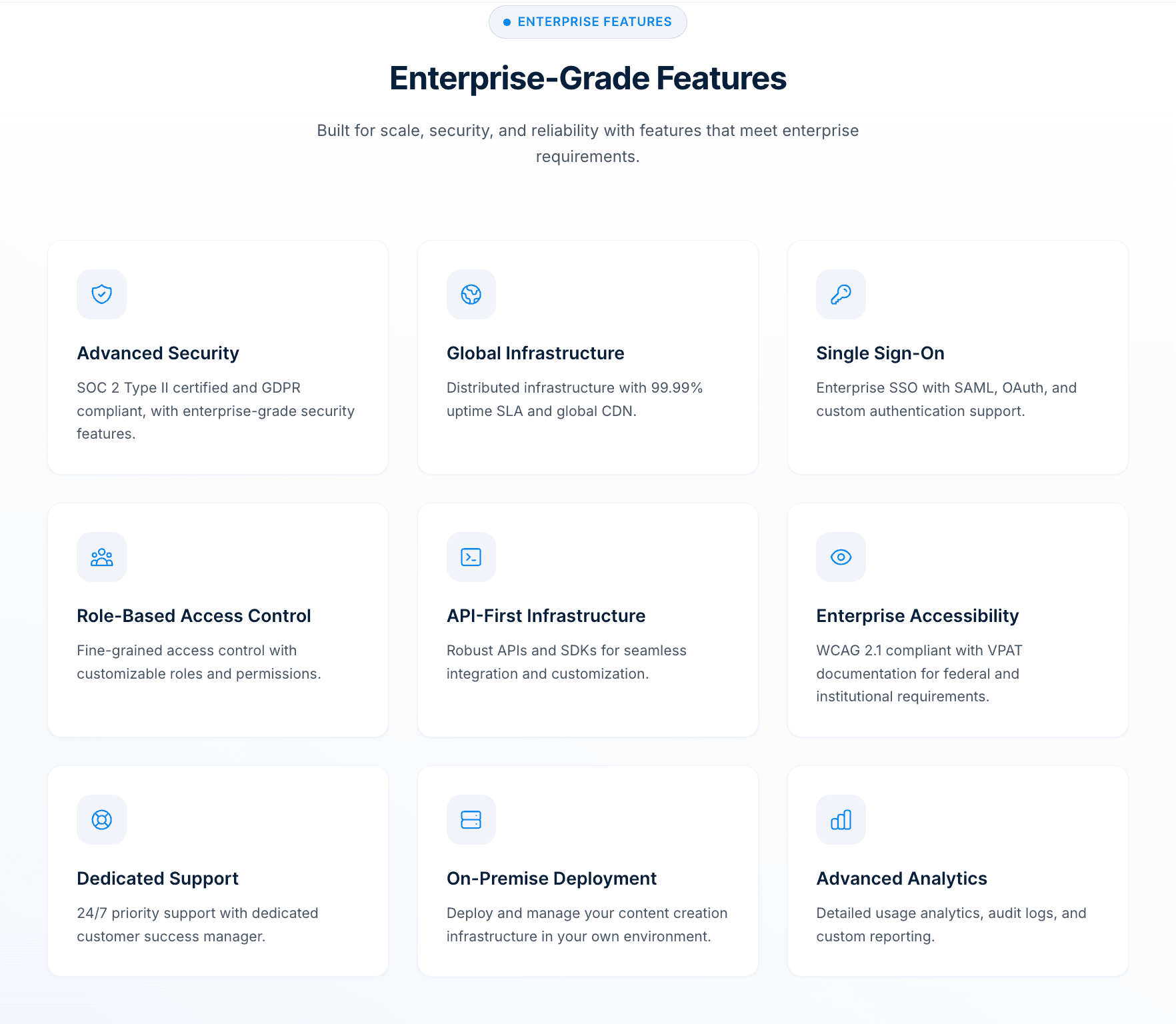 Unlayer’s enterprise-grade features list.