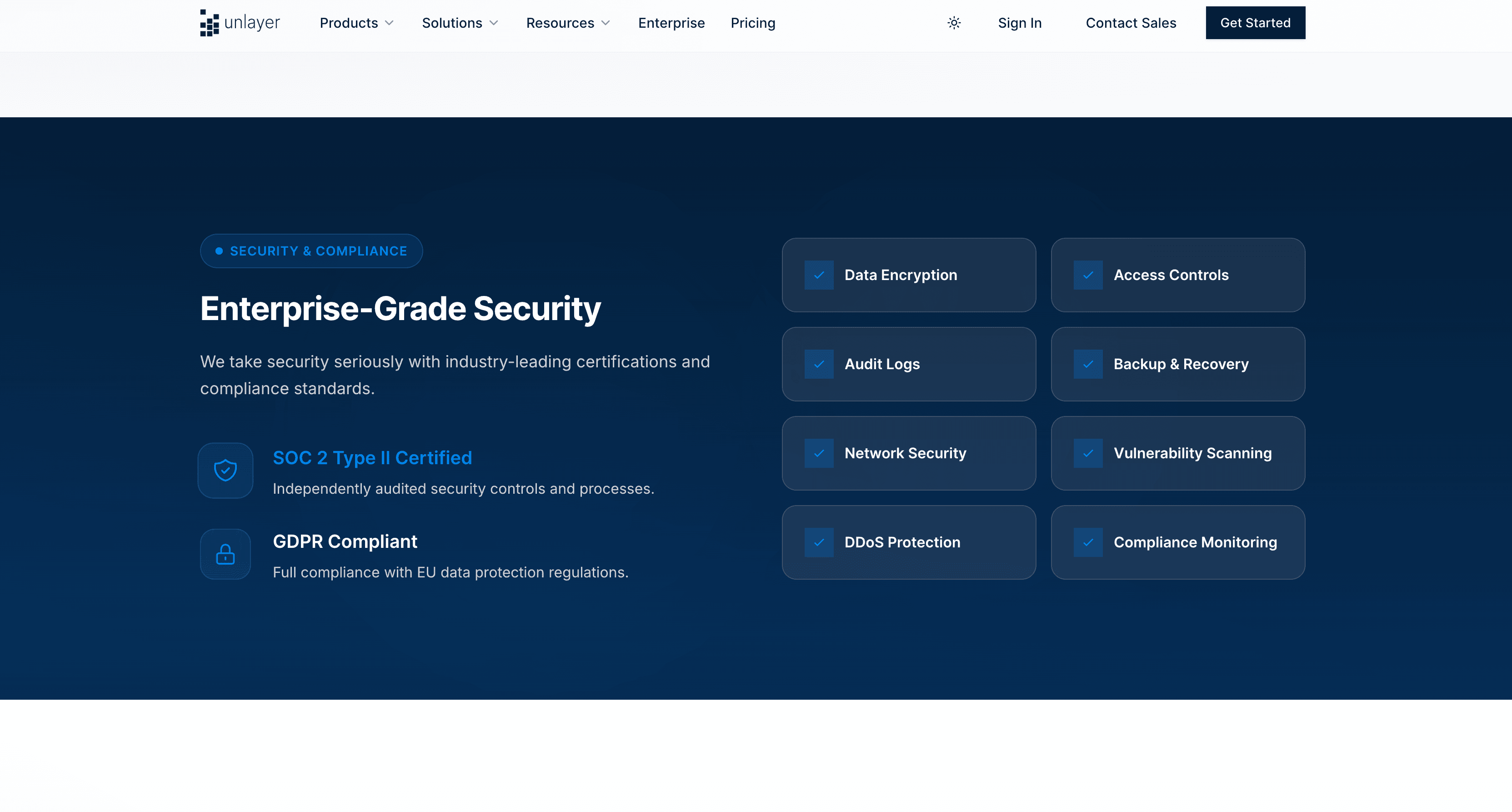 Unlayer Enterprise page highlighting its advanced security and compliance standards.