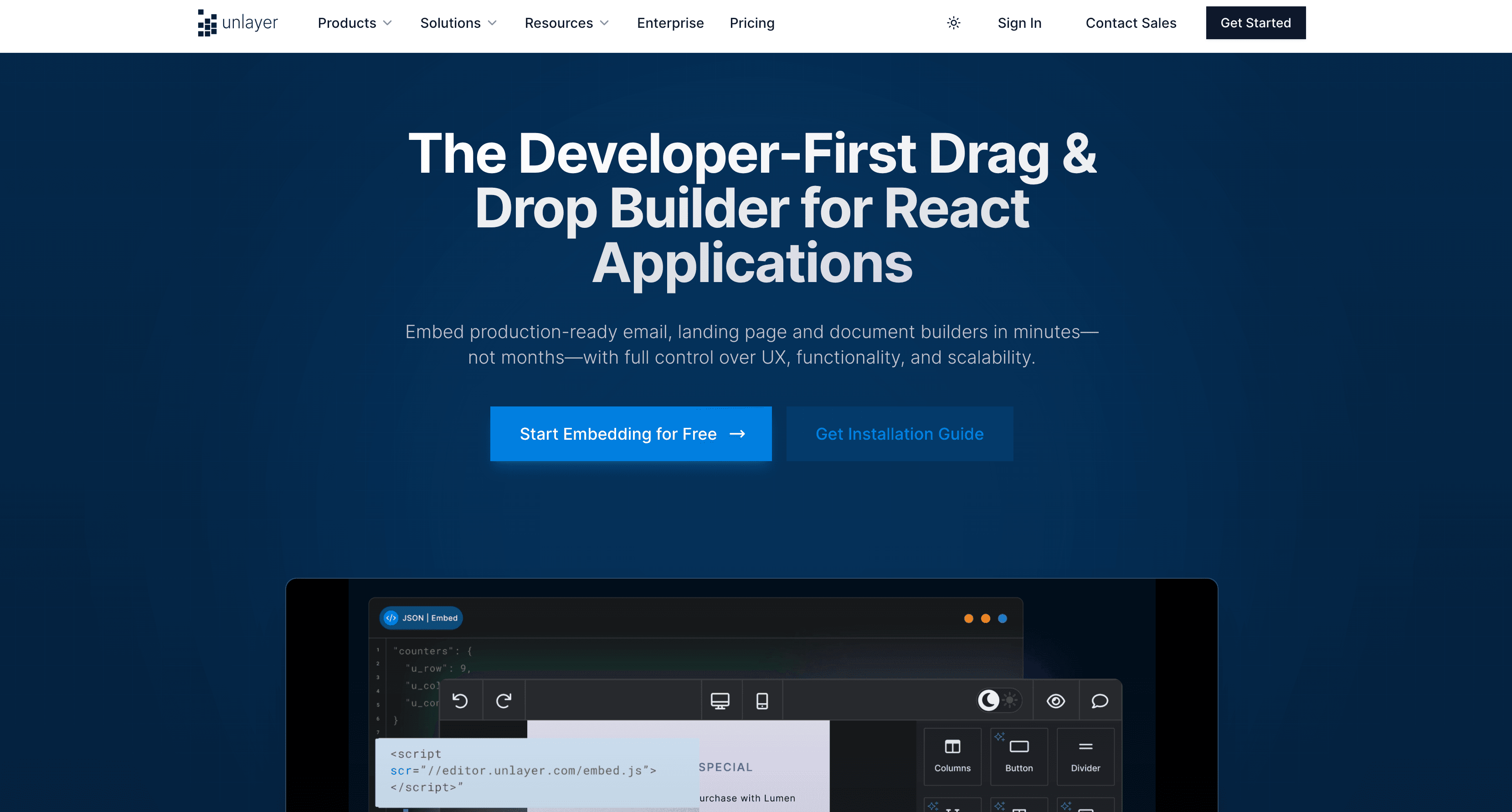 Screenshot of Unlayer’s React builder solutions page